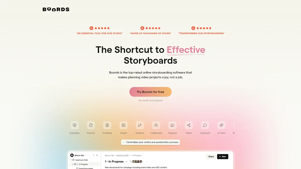 Free Online Storyboard Software | Boords

Boords is a free online storyboard software that allows creators to plan and visualize their projects easily. With its user-friendly interface, you can create detailed storyboards for films, animations, commercials, and more. Whether you're a professional filmmaker or a beginner, Boords provides the tools you need to bring your ideas to life. 

- Accessible from any device with an internet connection.
- Offers a variety of templates and customization options.
- Collaborate with team members in real-time.
- Export your storyboards in multiple formats.

Try Boords today and start creating your visual stories effortlessly!