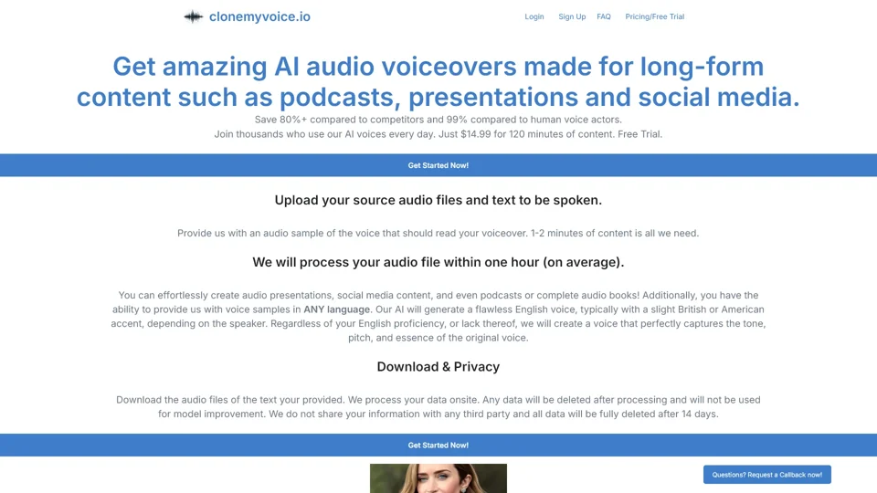 Create incredible AI audio voiceovers for long-form content like podcasts, presentations, and more. | clonemyvoice.io