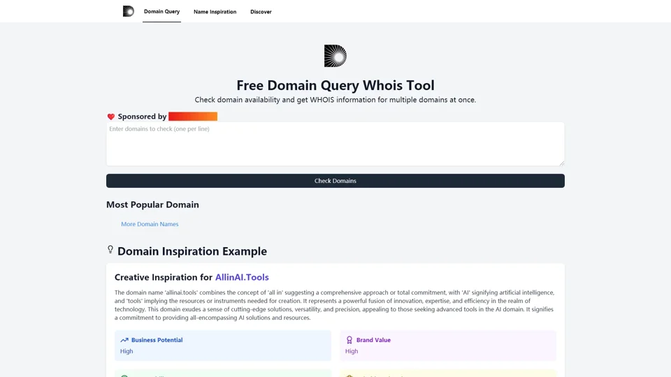 Focus on Domain Query Whois Tool | AI-based domain name availability and WHOIS query, providing interesting domain name inspiration explanations.