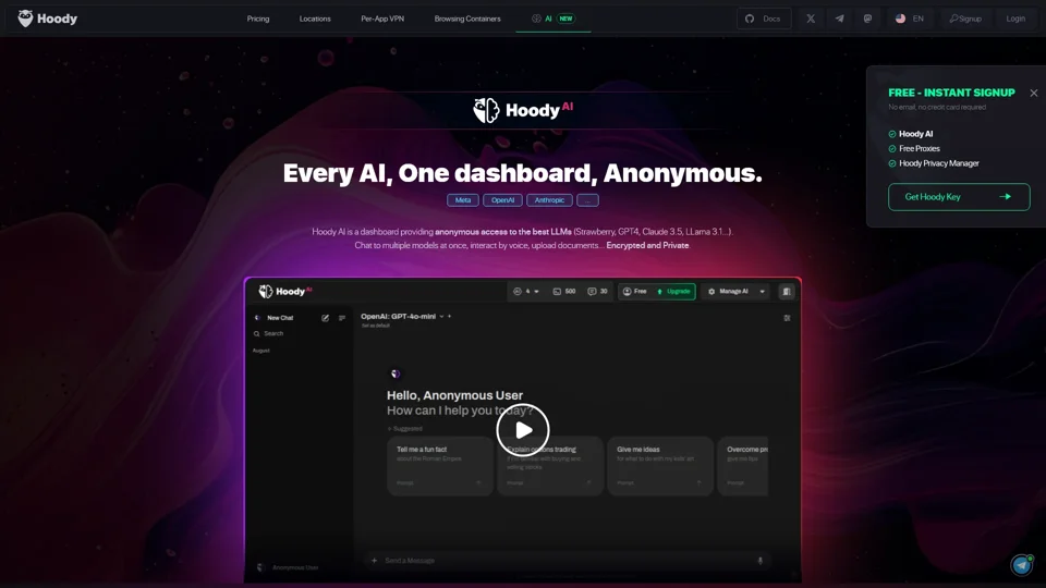 Every AI, One dashboard, Anonymous | Hoody