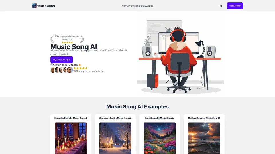 Music Song AI Online Free - Song AI Generator

Generate songs efficiently with AI technology, and create personalized music freely. Our song AI generator provides high-quality music creation, diverse music styles, and lyrics support, making it convenient and fast.

Uses
- Music composition: Quickly generate melodies and harmonies to meet your needs.
- Lyrics writing: Create unique lyrics with AI assistance, bringing your ideas to life.
- Personal creation: Unique music creation that reflects your personality.

Key Features
- AI-powered composition: High-quality music composed by AI.
- Customizable style: Choose from a variety of music styles according to your preferences.
- Lyric generation: Generate lyrics that match your melody.
- Online access: No installation required, access online anytime, anywhere.

How It Works
1. Enter parameters: Input your music preferences.
2. AI generation: AI creates music based on your parameters.
3. Download: Download your unique music or share it with others.

This is an efficient and high-quality solution for creating songs. Save time and effort, and get started immediately!