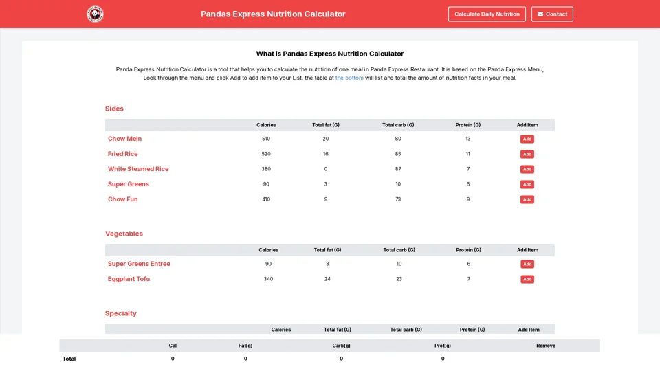 Panda Express Nutrition Calculator | Menu Nutrition Calculator