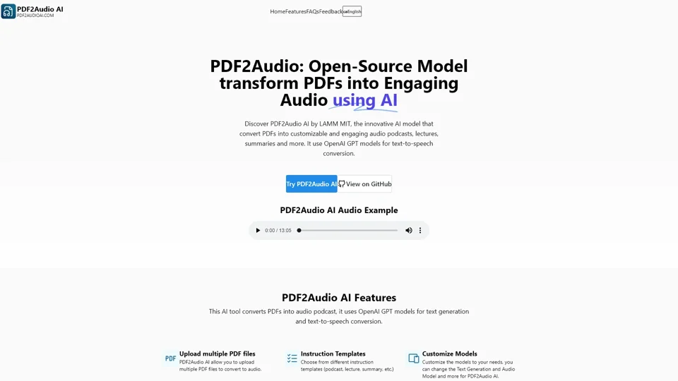 PDF2Audio - Open-Source Tool to Transform PDFs into Engaging Audio  

Turn boring text into engaging audio content.  
With PDF2Audio, you can easily convert PDF files into high-quality audio.  
Perfect for multitasking, learning, or relaxing.  
Make your documents accessible anywhere, anytime.