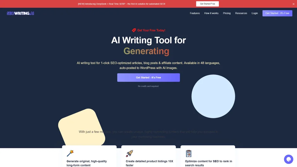 SEO WRITING - AI Writing Tool for 1-Click SEO Articles  
Transform your content creation process with our intelligent AI writing tool, designed to generate high-quality, SEO-optimized articles in just one click. Say goodbye to tedious writing and hello to engaging, rank-ready content instantly!