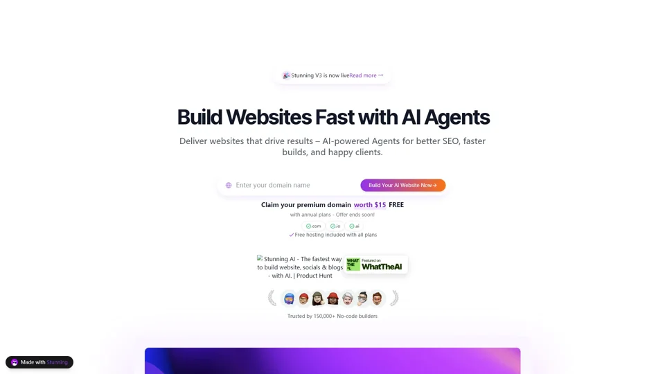 Stunning - Build Client Websites Fast with AI Agents

- 2023 latest design trends, AI-empowered design.
- AI design replicates the working methods of human designers.
- The AI engine can generate concept designs in minutes.
- Customize 18 design styles to perfectly match client needs.
- Generate high-quality design schemes, reduce ineffective communication.
- Improve design efficiency, shorten project cycles.
- Provide a design visualization interface, preview edits in real-time.
- Diverse template library, quick project start.
- AI assists in completing repetitive tasks, freeing up creativity.

Exclusive AI Features

- One-click design scheme generation:
  - Improve design accuracy,
  - Reduce design time,
  - Achieve design automation.

Why Choose Us

- Rich design experience,
- Advanced AI technology,
- Efficient workflow,
- Quality client service.

Contact Us

- Learn more:
- Visit our website:
- Send an email to:
- Join our team: